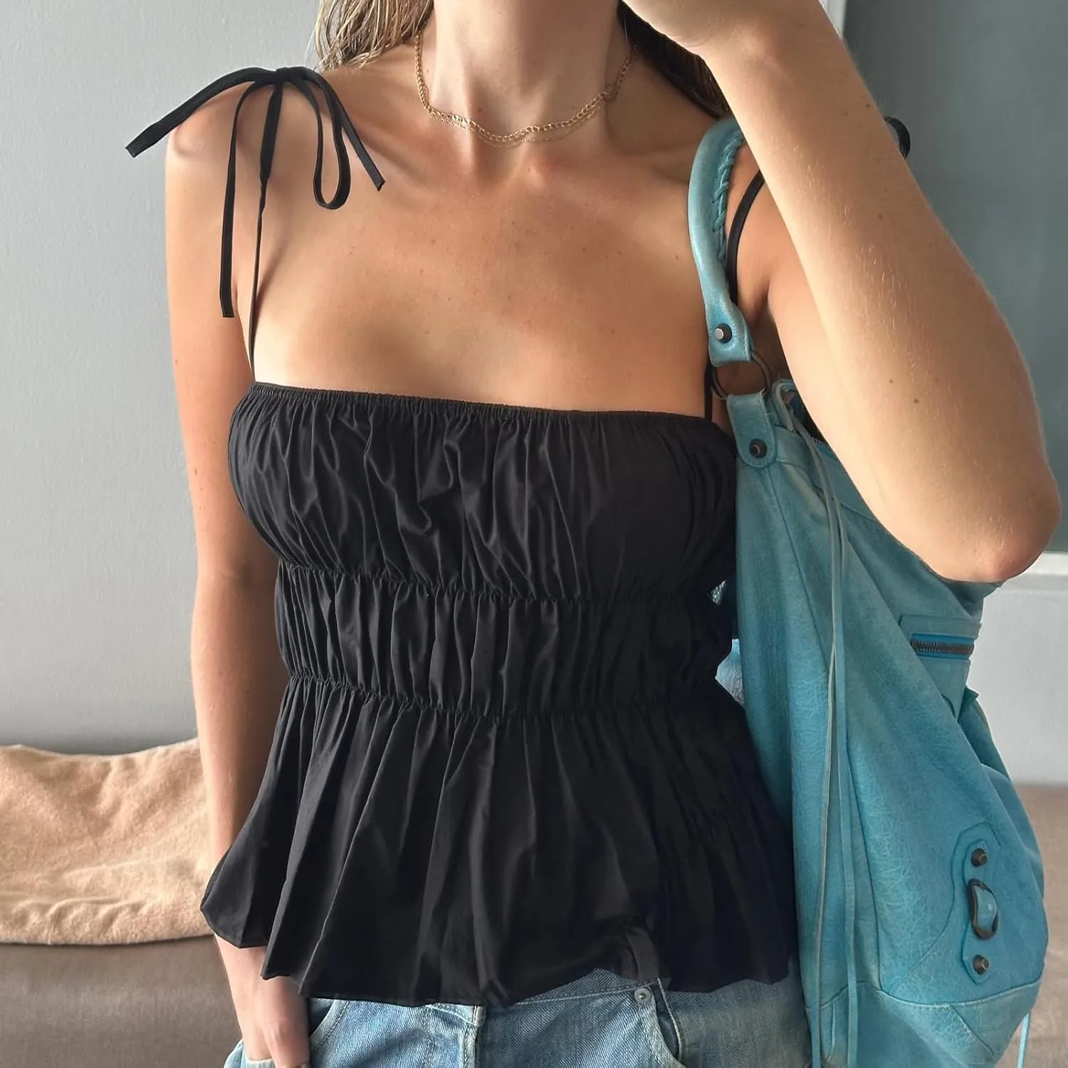 Womens Peplum Tank Tops Y2k Spaghetti Strap Ruffle Hem Smocked Cami Vest Tops Babydoll Summer Camisole