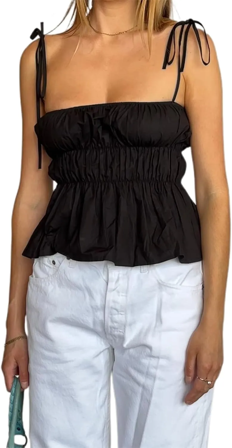 Womens Peplum Tank Tops Y2k Spaghetti Strap Ruffle Hem Smocked Cami Vest Tops Babydoll Summer Camisole
