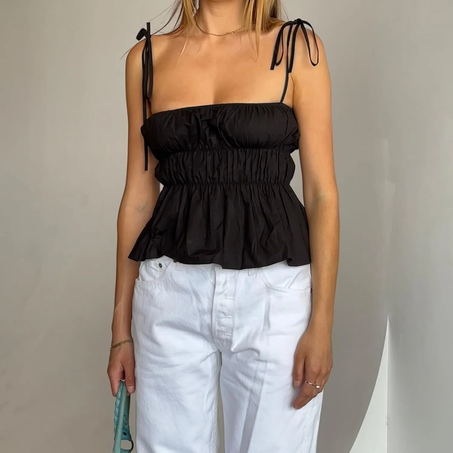 Womens Peplum Tank Tops Y2k Spaghetti Strap Ruffle Hem Smocked Cami Vest Tops Babydoll Summer Camisole