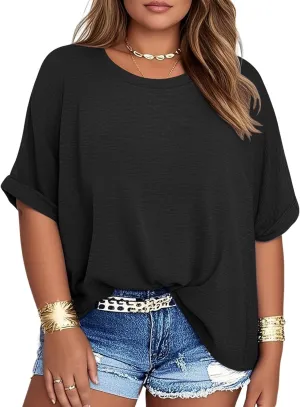 Womens Plus Size Summer Tops Oversized Half Sleeve Crew Neck T Shirts Loose Fit Tee Top Flowy Casual Blouses XL-5XL