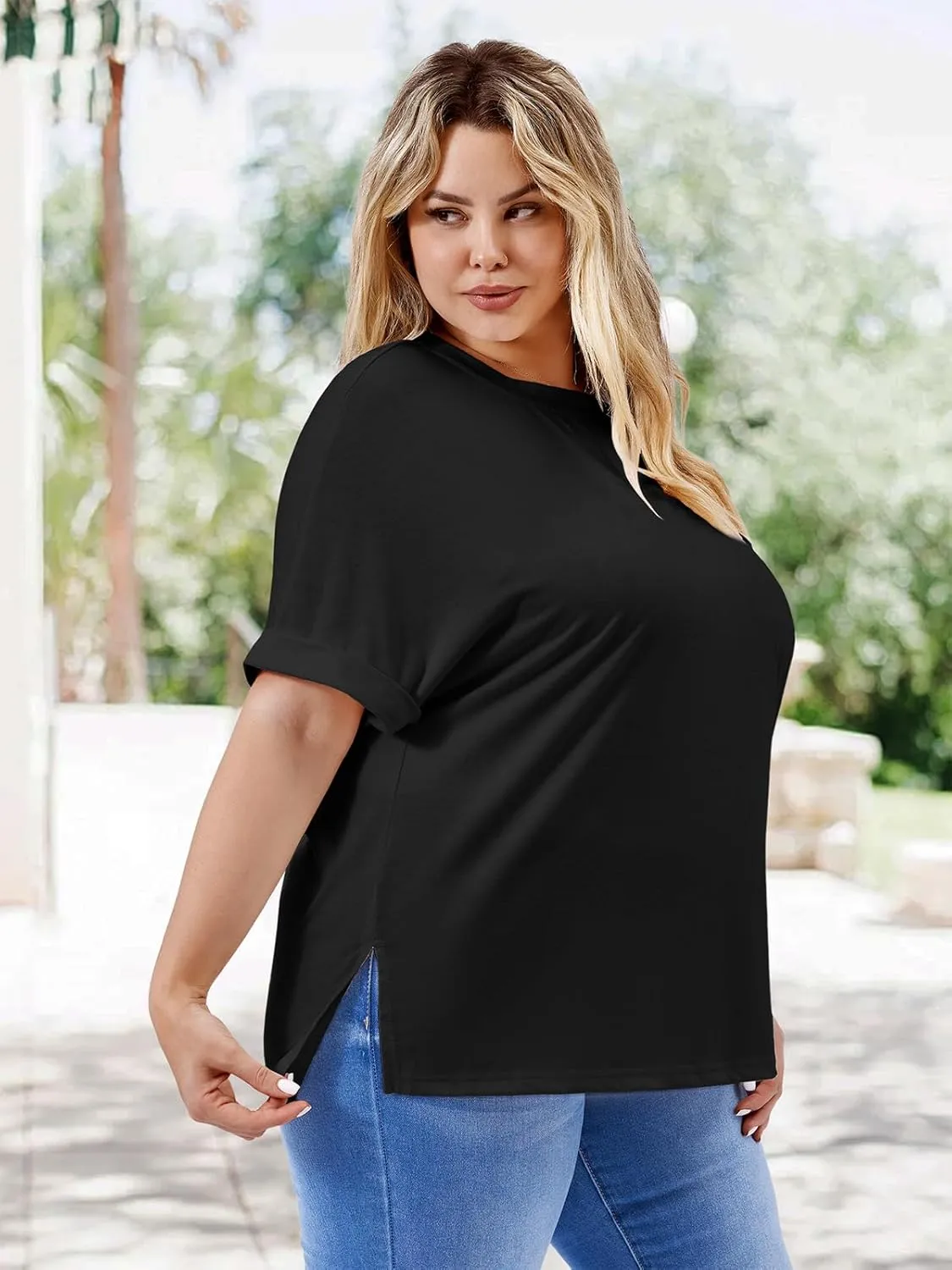 Womens Plus Size Summer Tops Oversized Half Sleeve Crew Neck T Shirts Loose Fit Tee Top Flowy Casual Blouses XL-5XL