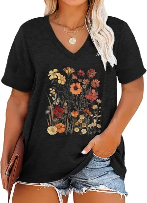 Women's Plus Size V Neck T Shirt Vintage Boho Floral Graphic Tees Short Sleeve Summer Cute Tops