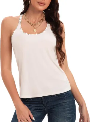 Women's Rhinestone Tank Tops Spaghetti Strap Camisole U Neck Summer Tee Sleeveless Cami Casual Halter