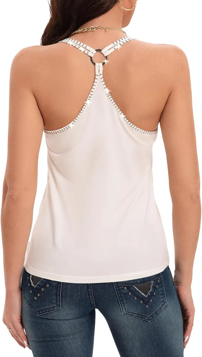Women's Rhinestone Tank Tops Spaghetti Strap Camisole U Neck Summer Tee Sleeveless Cami Casual Halter