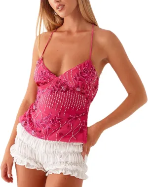 Womens Sequin Sparkle Halter Crop Tops Sexy Pearl Embellished Cami Tank Tops Y2k Bling Glitter Rhinestone Camisole