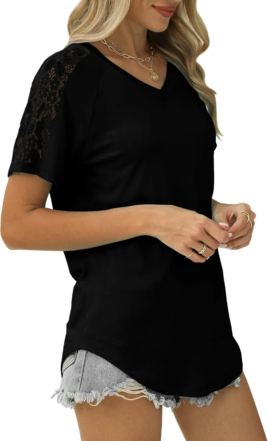 Womens Shirts Spring Summer Plus Size Blouses for Women Tops V Neck Lace Short Sleeve Tees