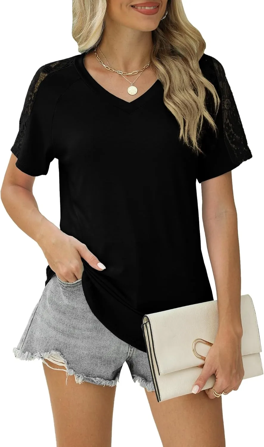 Womens Shirts Spring Summer Plus Size Blouses for Women Tops V Neck Lace Short Sleeve Tees