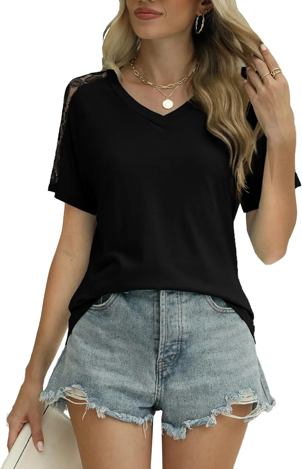 Womens Shirts Spring Summer Plus Size Blouses for Women Tops V Neck Lace Short Sleeve Tees