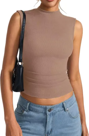 Women's Sleeveless Mock Turtle Neck Tops Fitted Ribbed Tank Top Basic Summer Shirts Spring Outfits 2025