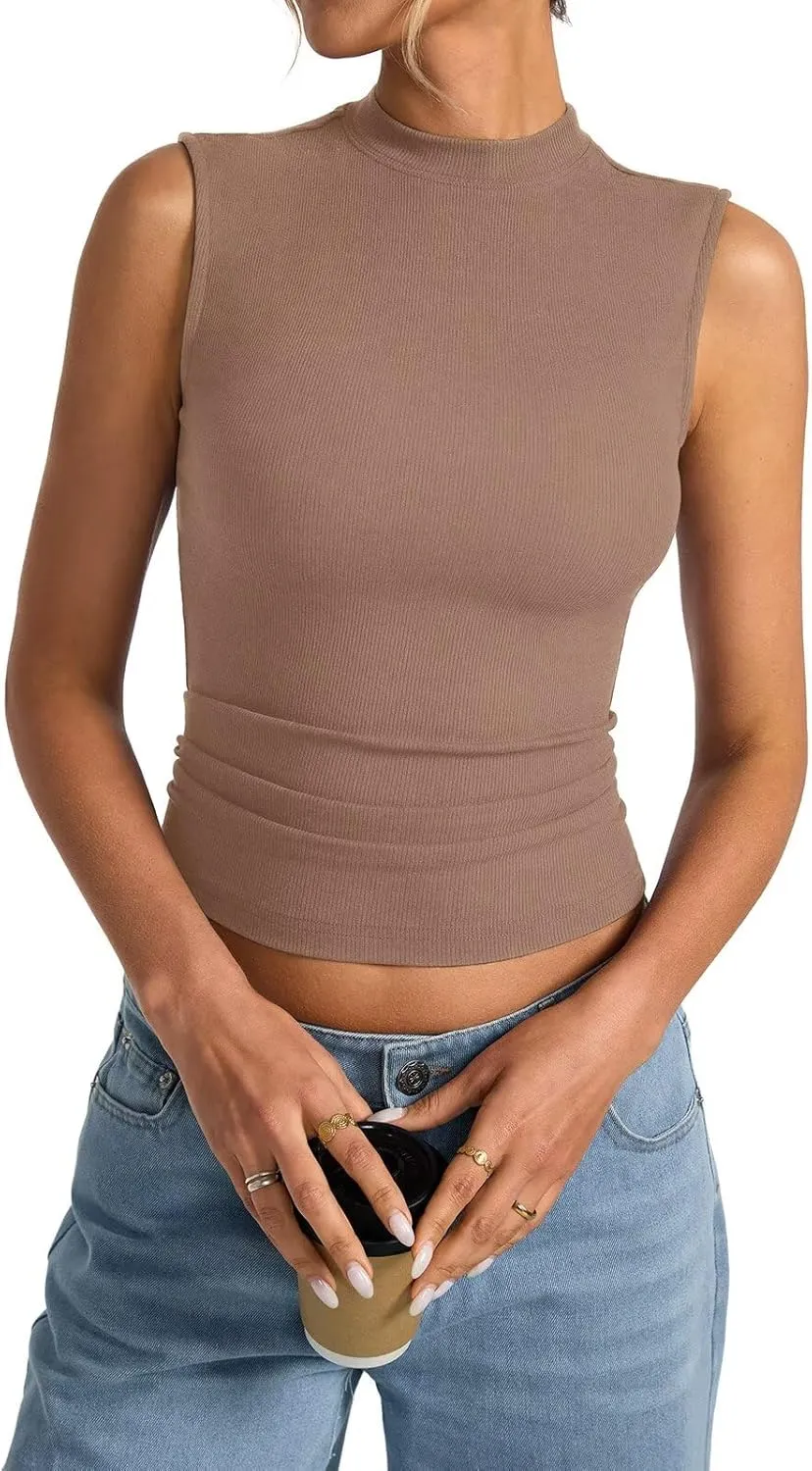 Women's Sleeveless Mock Turtle Neck Tops Fitted Ribbed Tank Top Basic Summer Shirts Spring Outfits 2025
