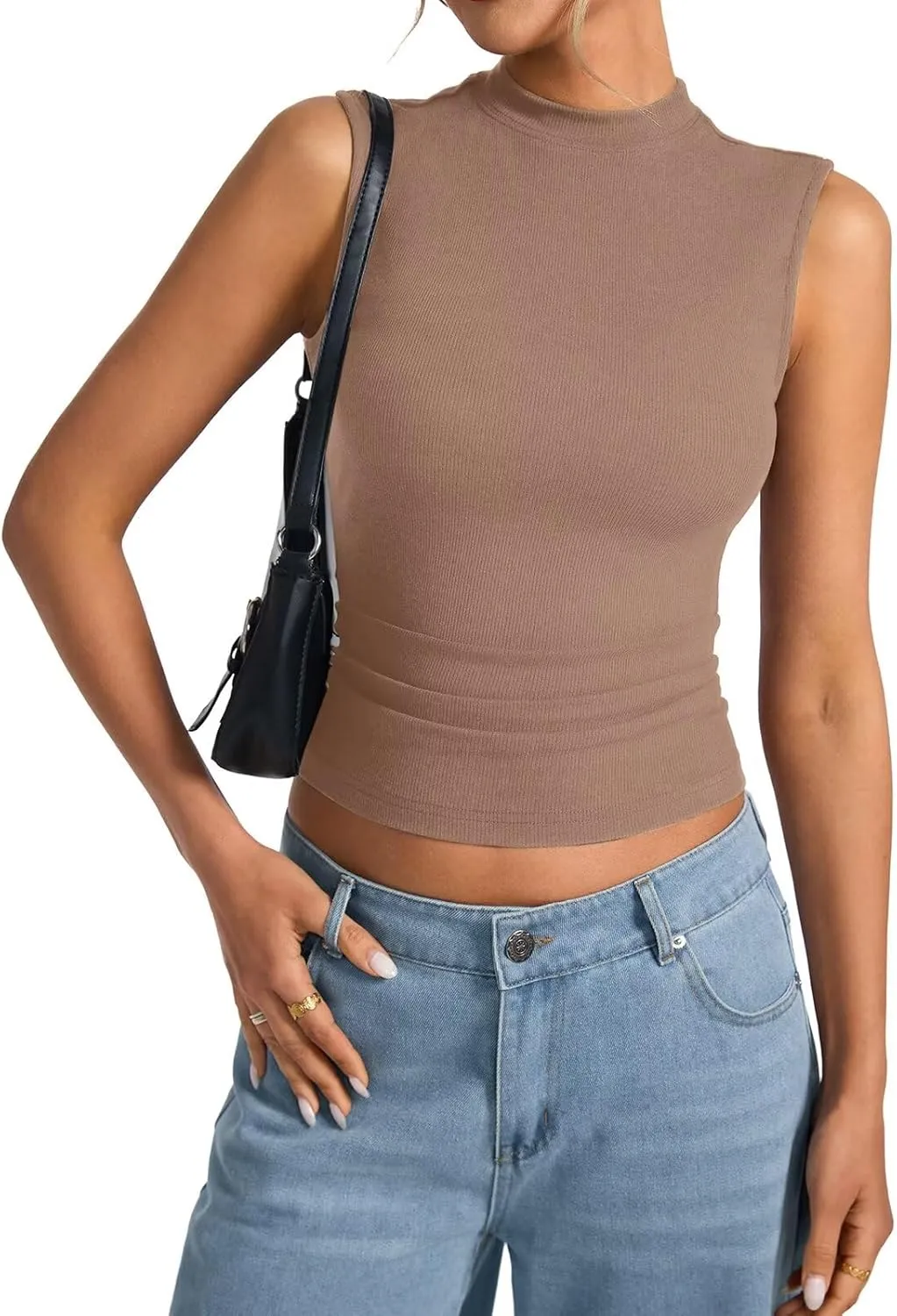 Women's Sleeveless Mock Turtle Neck Tops Fitted Ribbed Tank Top Basic Summer Shirts Spring Outfits 2025