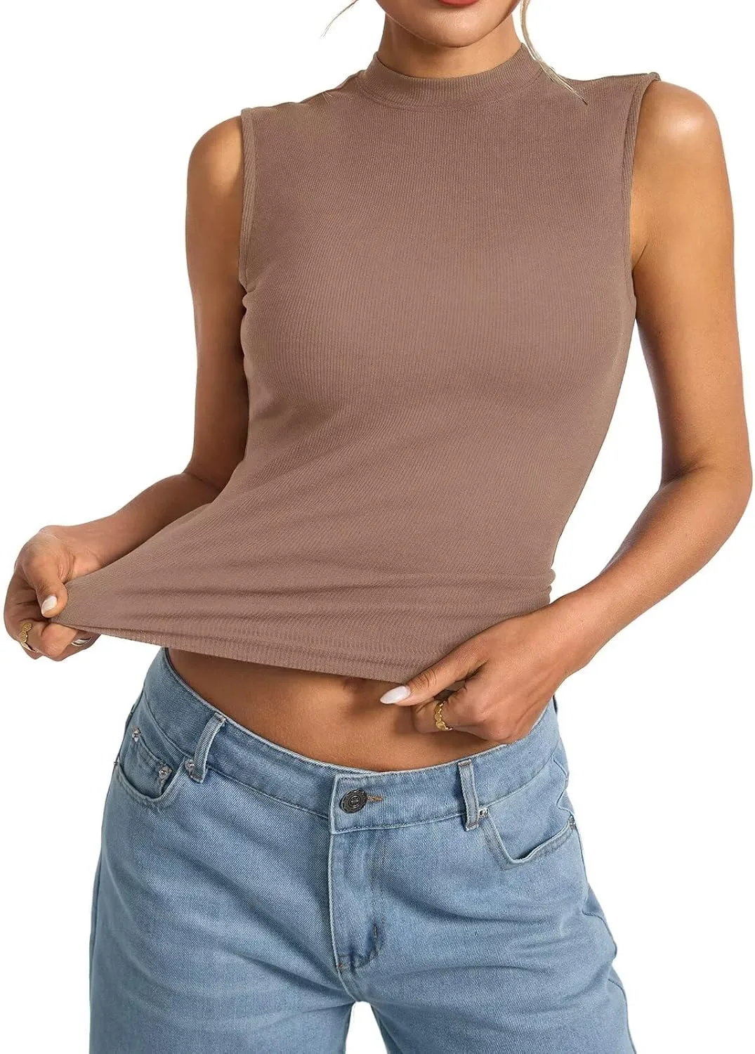Women's Sleeveless Mock Turtle Neck Tops Fitted Ribbed Tank Top Basic Summer Shirts Spring Outfits 2025
