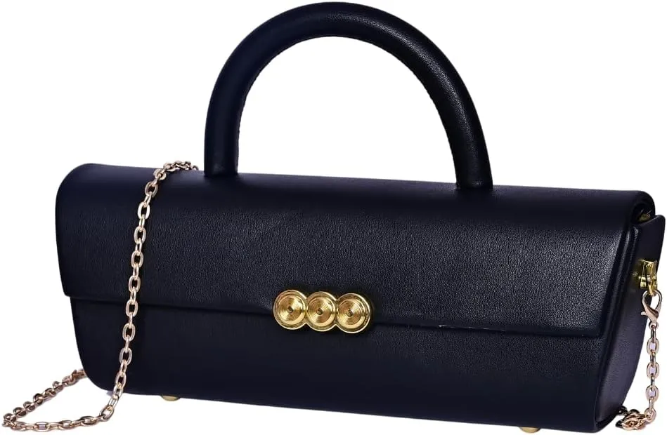 Womens Slim Barrel Clutch Bag  Black Faux Leather Top Handle Purse with Gold Chain Strap & Decorative Button Detail  Elegant Evening or Cocktail Shoulder Handbag