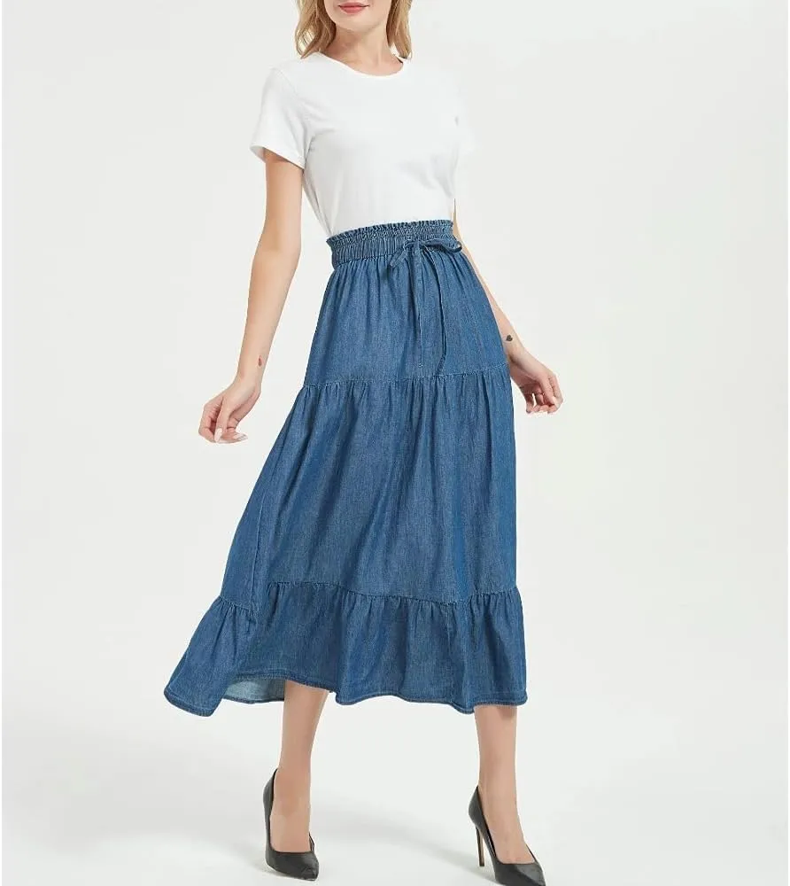 Womens Summer A Line Denim Skirt Flowy Trendy Tired Pleated Layers Elastic Waist Front Drawstring Midi Long Skirt