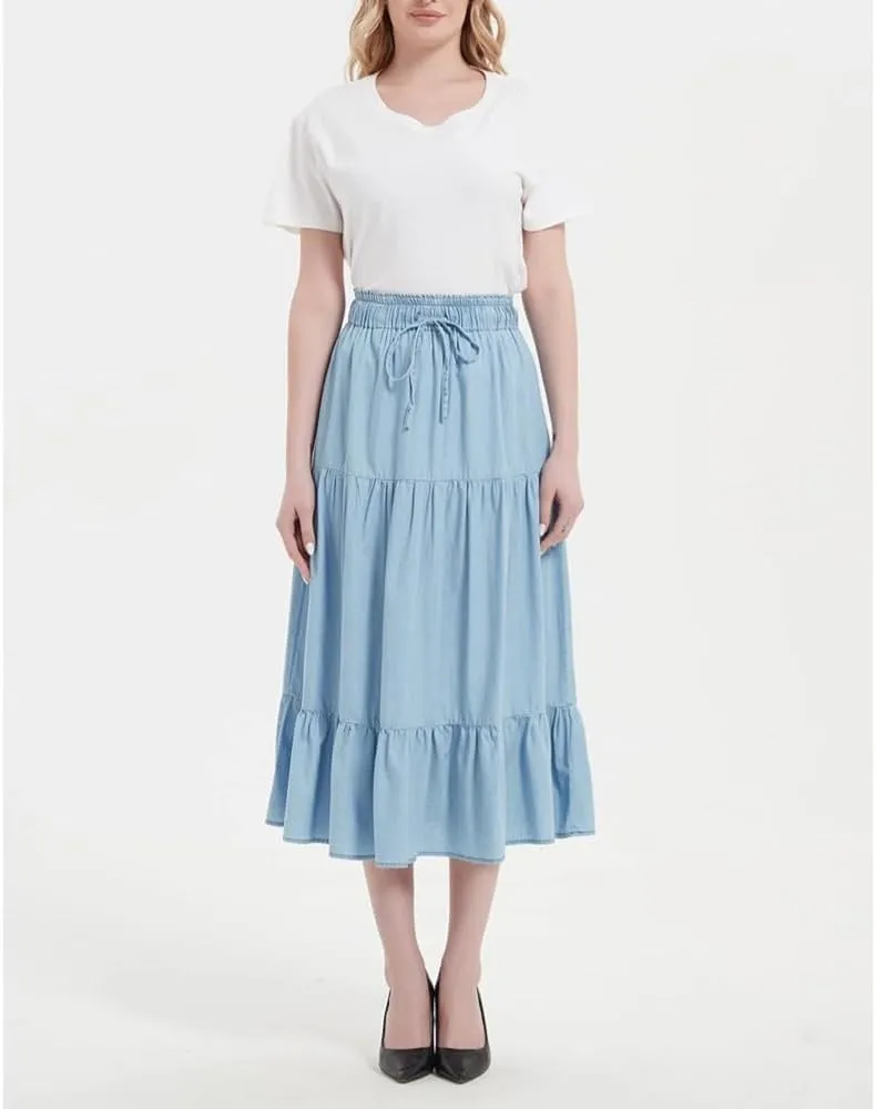 Womens Summer A Line Denim Skirt Flowy Trendy Tired Pleated Layers Elastic Waist Front Drawstring Midi Long Skirt