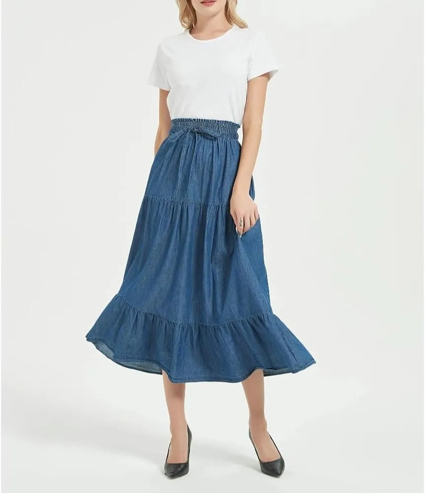 Womens Summer A Line Denim Skirt Flowy Trendy Tired Pleated Layers Elastic Waist Front Drawstring Midi Long Skirt
