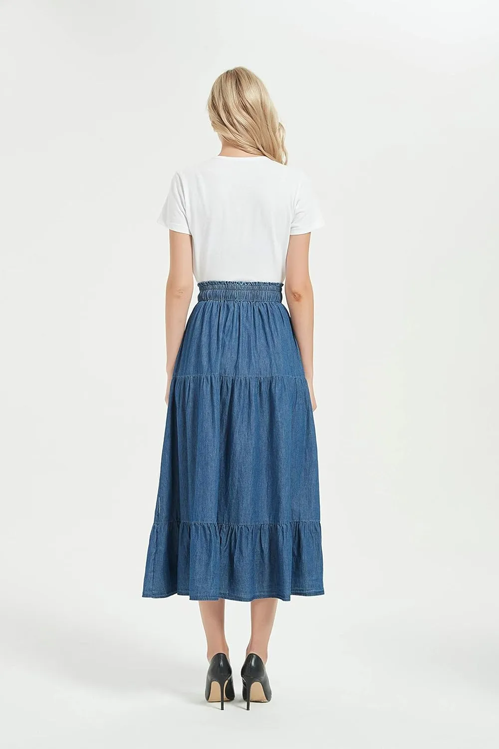 Womens Summer A Line Denim Skirt Flowy Trendy Tired Pleated Layers Elastic Waist Front Drawstring Midi Long Skirt