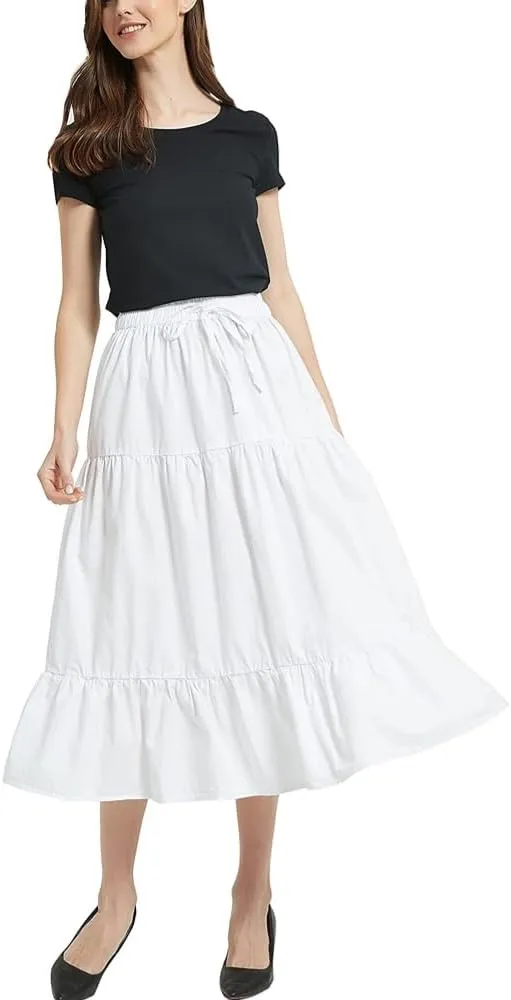 Womens Summer A Line Denim Skirt Flowy Trendy Tired Pleated Layers Elastic Waist Front Drawstring Midi Long Skirt