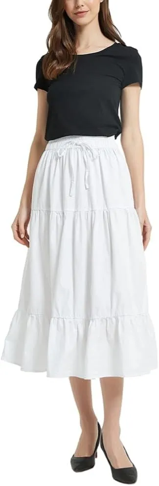 Womens Summer A Line Denim Skirt Flowy Trendy Tired Pleated Layers Elastic Waist Front Drawstring Midi Long Skirt