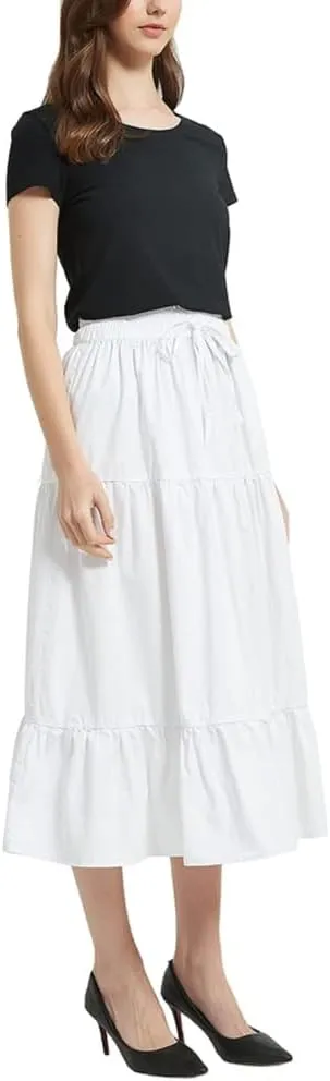 Womens Summer A Line Denim Skirt Flowy Trendy Tired Pleated Layers Elastic Waist Front Drawstring Midi Long Skirt