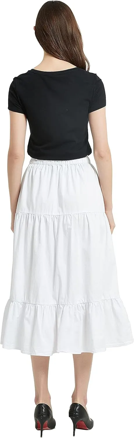 Womens Summer A Line Denim Skirt Flowy Trendy Tired Pleated Layers Elastic Waist Front Drawstring Midi Long Skirt
