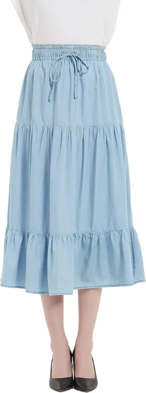 Womens Summer A Line Denim Skirt Flowy Trendy Tired Pleated Layers Elastic Waist Front Drawstring Midi Long Skirt