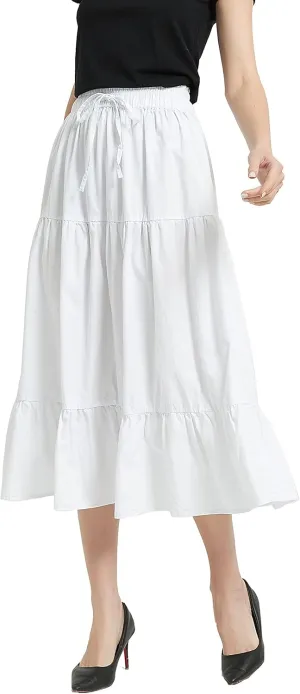 Womens Summer A Line Denim Skirt Flowy Trendy Tired Pleated Layers Elastic Waist Front Drawstring Midi Long Skirt