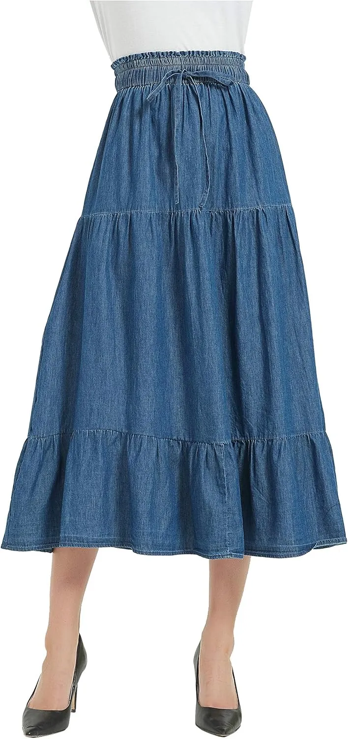 Womens Summer A Line Denim Skirt Flowy Trendy Tired Pleated Layers Elastic Waist Front Drawstring Midi Long Skirt