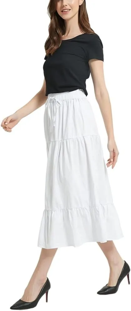 Womens Summer A Line Denim Skirt Flowy Trendy Tired Pleated Layers Elastic Waist Front Drawstring Midi Long Skirt