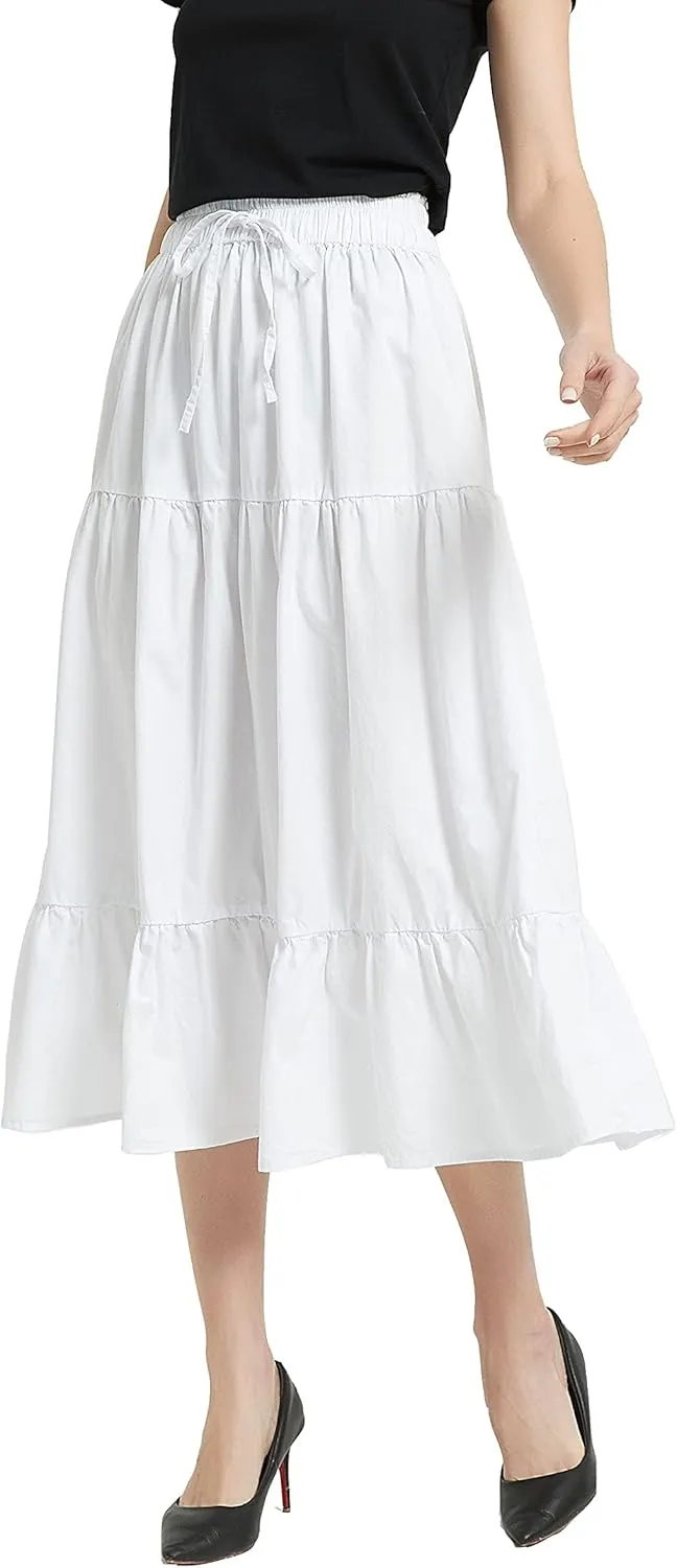 Womens Summer A Line Denim Skirt Flowy Trendy Tired Pleated Layers Elastic Waist Front Drawstring Midi Long Skirt