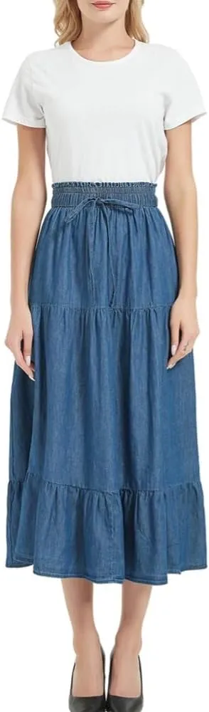 Womens Summer A Line Denim Skirt Flowy Trendy Tired Pleated Layers Elastic Waist Front Drawstring Midi Long Skirt