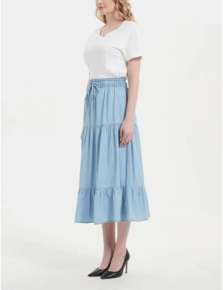 Womens Summer A Line Denim Skirt Flowy Trendy Tired Pleated Layers Elastic Waist Front Drawstring Midi Long Skirt