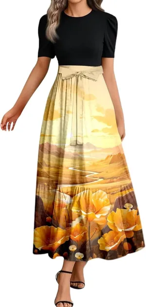 Women's Summer Floral Print Short Sleeve Dress Elegant Round Womens O Neck Ruffle Short Sleeve Tie Casual Mini