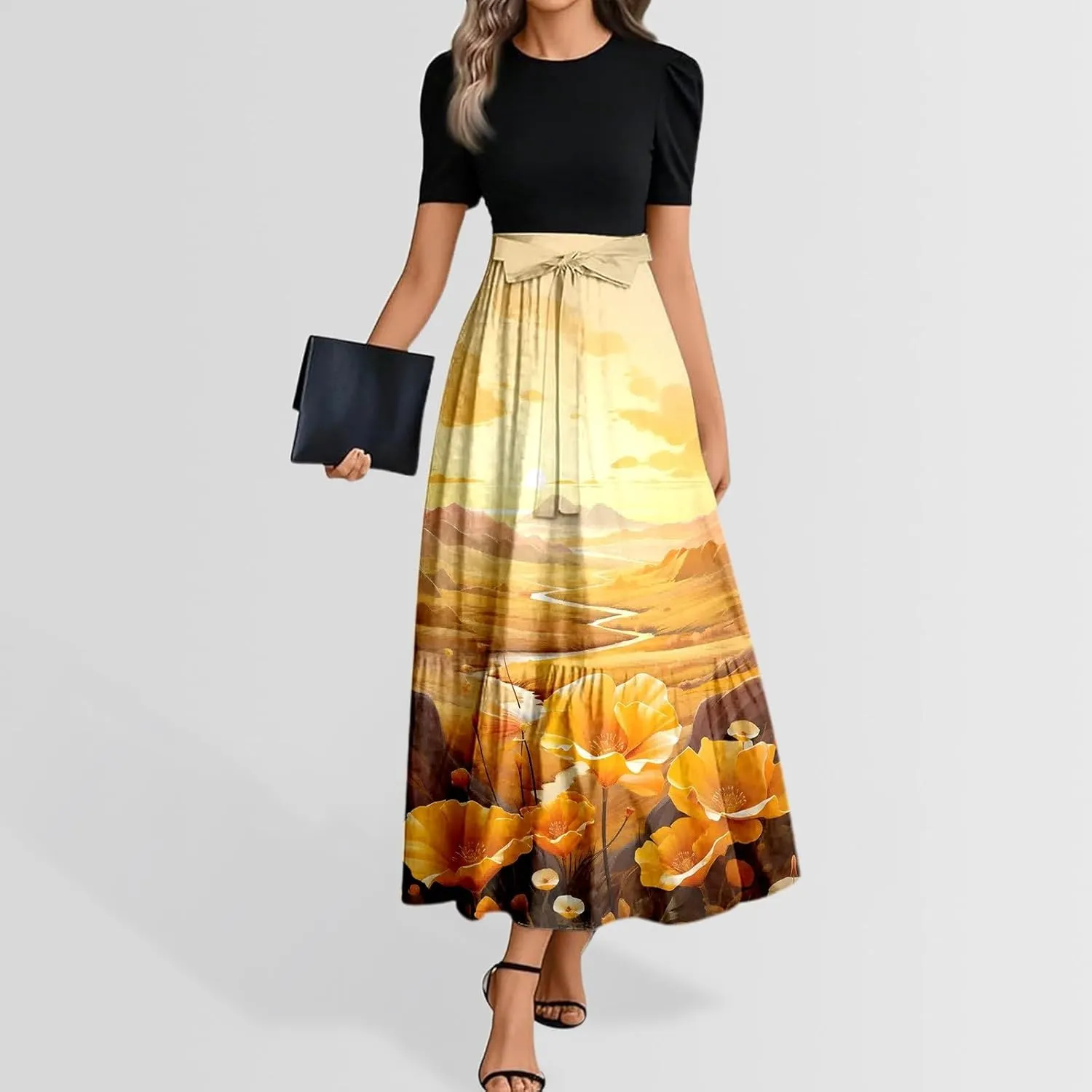 Women's Summer Floral Print Short Sleeve Dress Elegant Round Womens O Neck Ruffle Short Sleeve Tie Casual Mini
