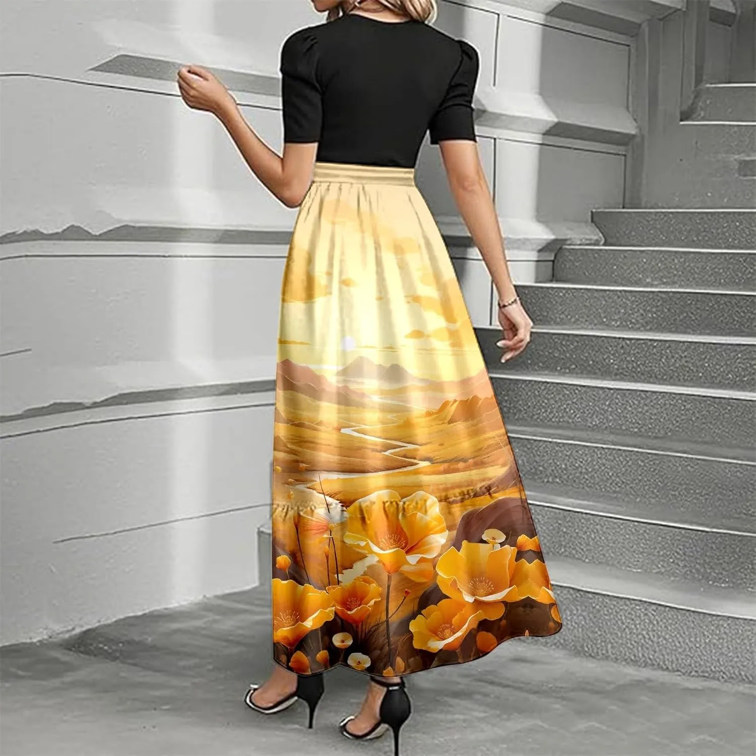 Women's Summer Floral Print Short Sleeve Dress Elegant Round Womens O Neck Ruffle Short Sleeve Tie Casual Mini