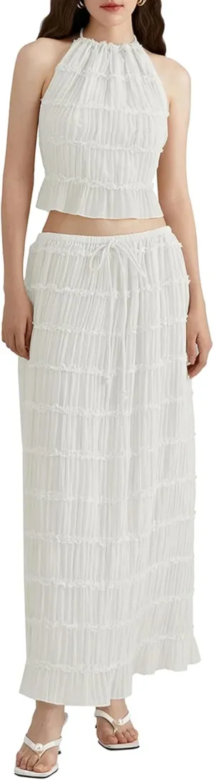 Womens Summer Outfits 2 Piece Beachwear Sexy Backless Ruched Halter Crop Top Matching Pleated Maxi Skirt Sets