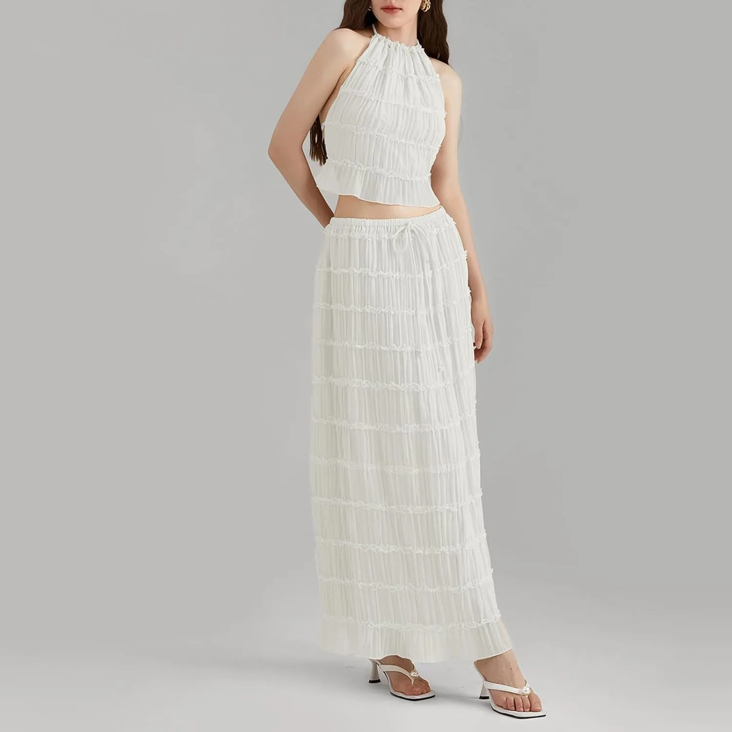 Womens Summer Outfits 2 Piece Beachwear Sexy Backless Ruched Halter Crop Top Matching Pleated Maxi Skirt Sets