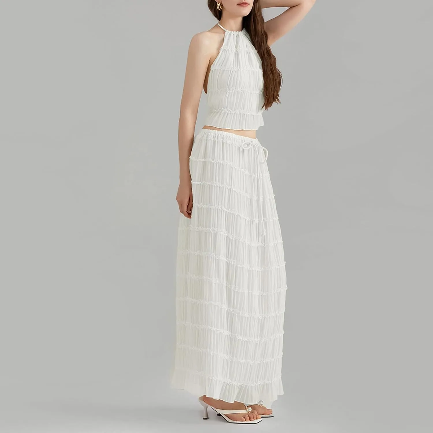 Womens Summer Outfits 2 Piece Beachwear Sexy Backless Ruched Halter Crop Top Matching Pleated Maxi Skirt Sets