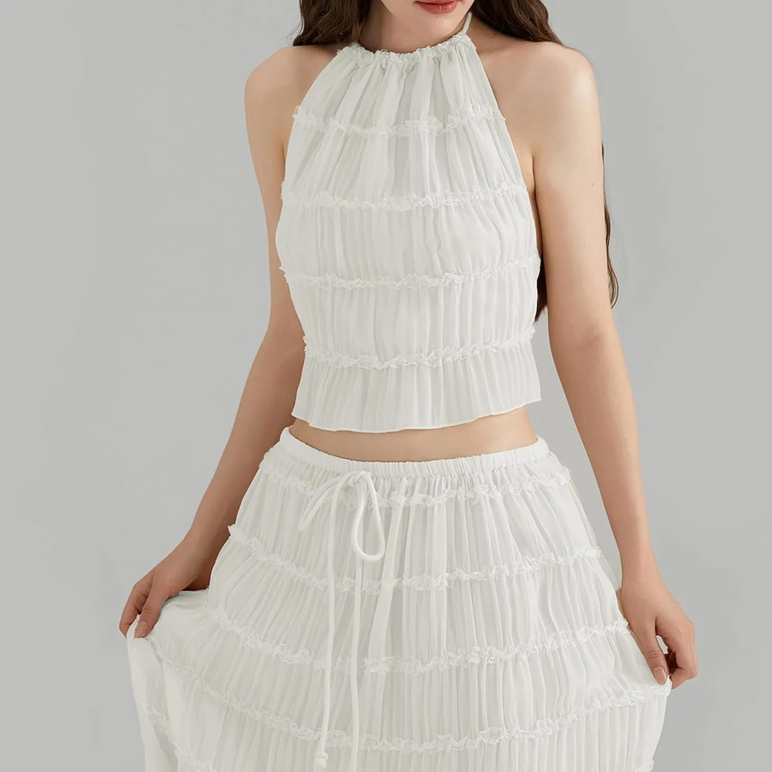 Womens Summer Outfits 2 Piece Beachwear Sexy Backless Ruched Halter Crop Top Matching Pleated Maxi Skirt Sets
