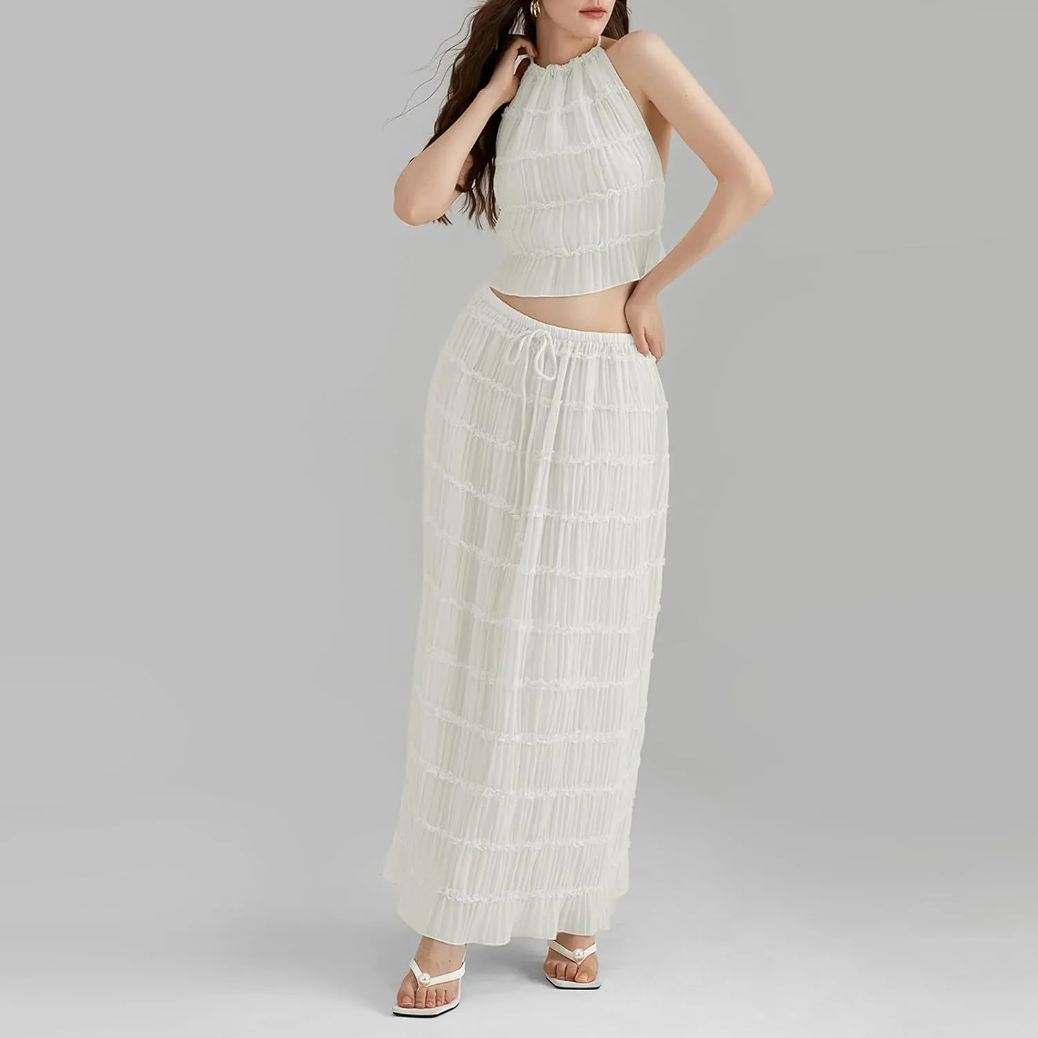 Womens Summer Outfits 2 Piece Beachwear Sexy Backless Ruched Halter Crop Top Matching Pleated Maxi Skirt Sets