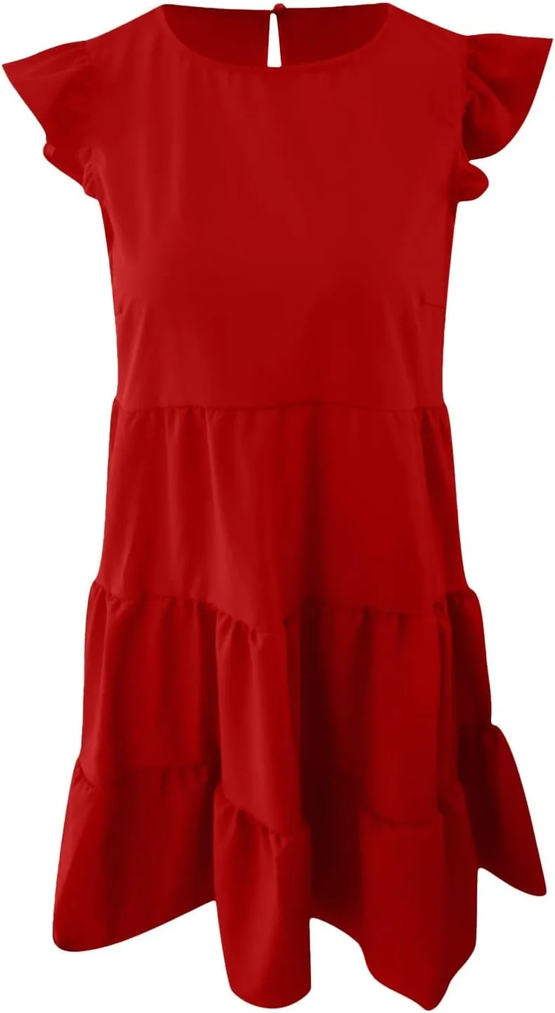 Womens Summer Ruffle Cap Sleeve T Shirt Dress Layers Crewneck Mini Dresses Casual Flowy Tiered Boho Beach Sundress