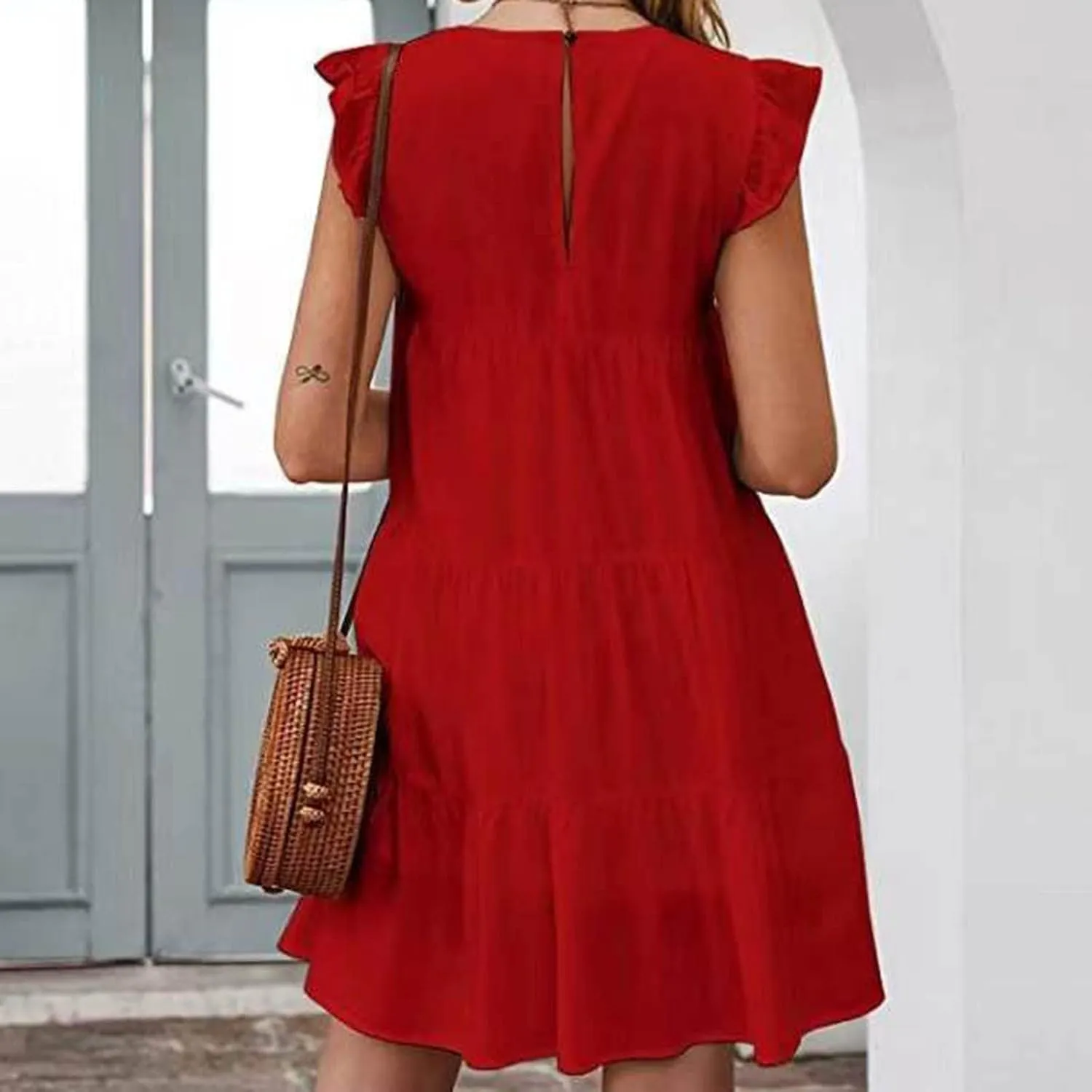 Womens Summer Ruffle Cap Sleeve T Shirt Dress Layers Crewneck Mini Dresses Casual Flowy Tiered Boho Beach Sundress