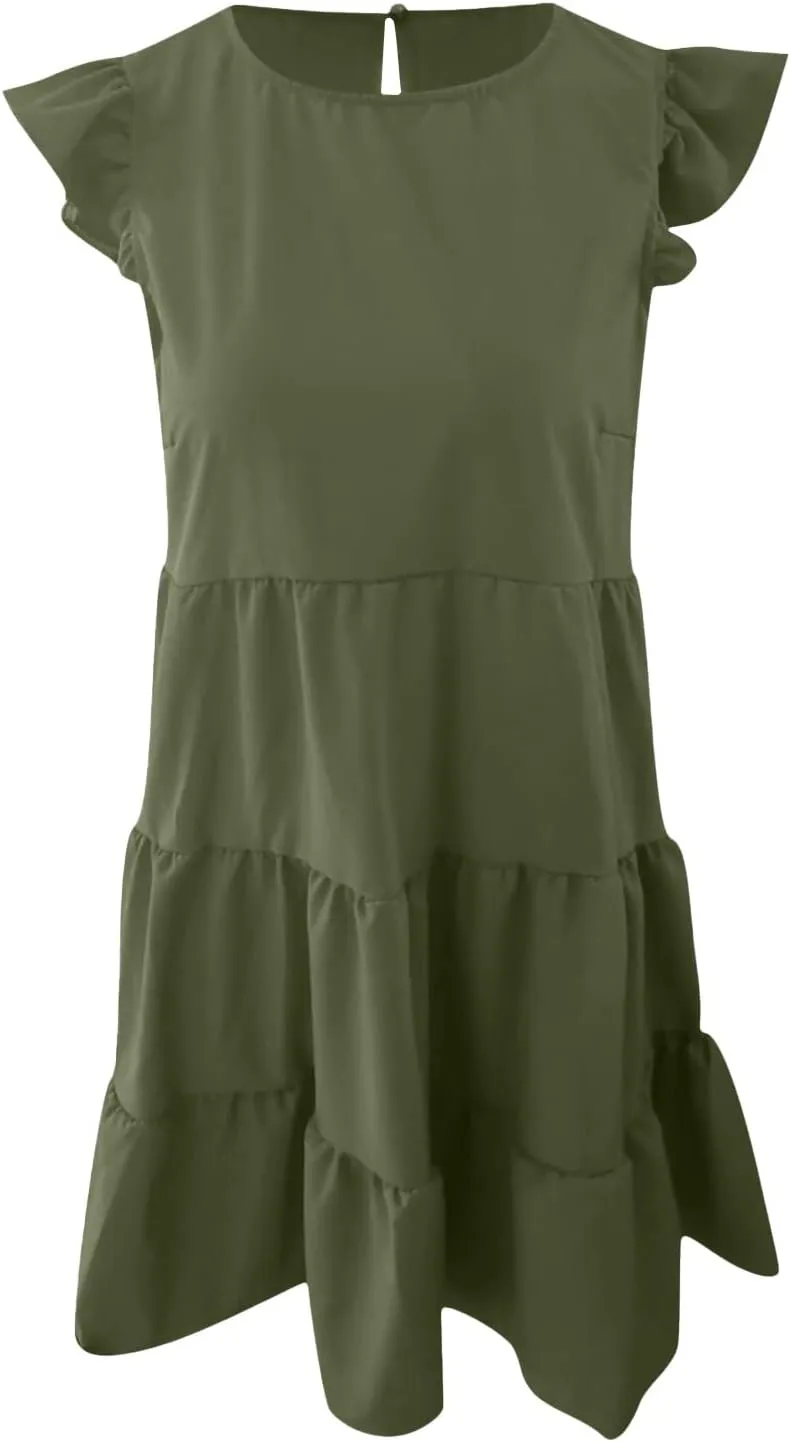 Womens Summer Ruffle Cap Sleeve T Shirt Dress Layers Crewneck Mini Dresses Casual Flowy Tiered Boho Beach Sundress