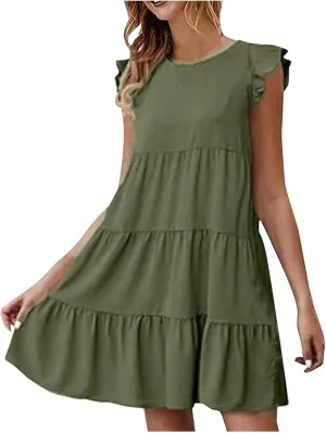 Womens Summer Ruffle Cap Sleeve T Shirt Dress Layers Crewneck Mini Dresses Casual Flowy Tiered Boho Beach Sundress