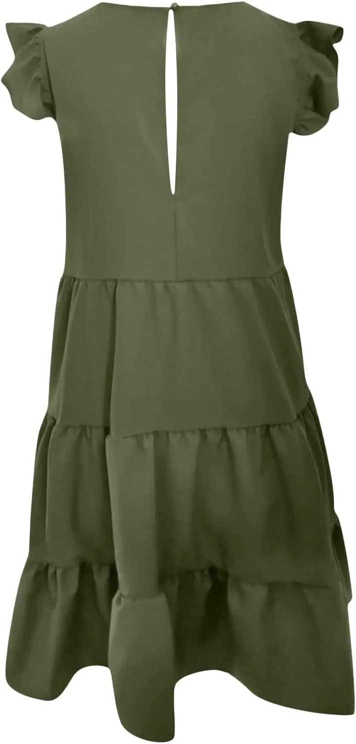 Womens Summer Ruffle Cap Sleeve T Shirt Dress Layers Crewneck Mini Dresses Casual Flowy Tiered Boho Beach Sundress