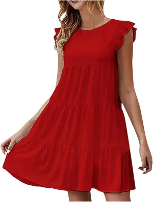 Womens Summer Ruffle Cap Sleeve T Shirt Dress Layers Crewneck Mini Dresses Casual Flowy Tiered Boho Beach Sundress