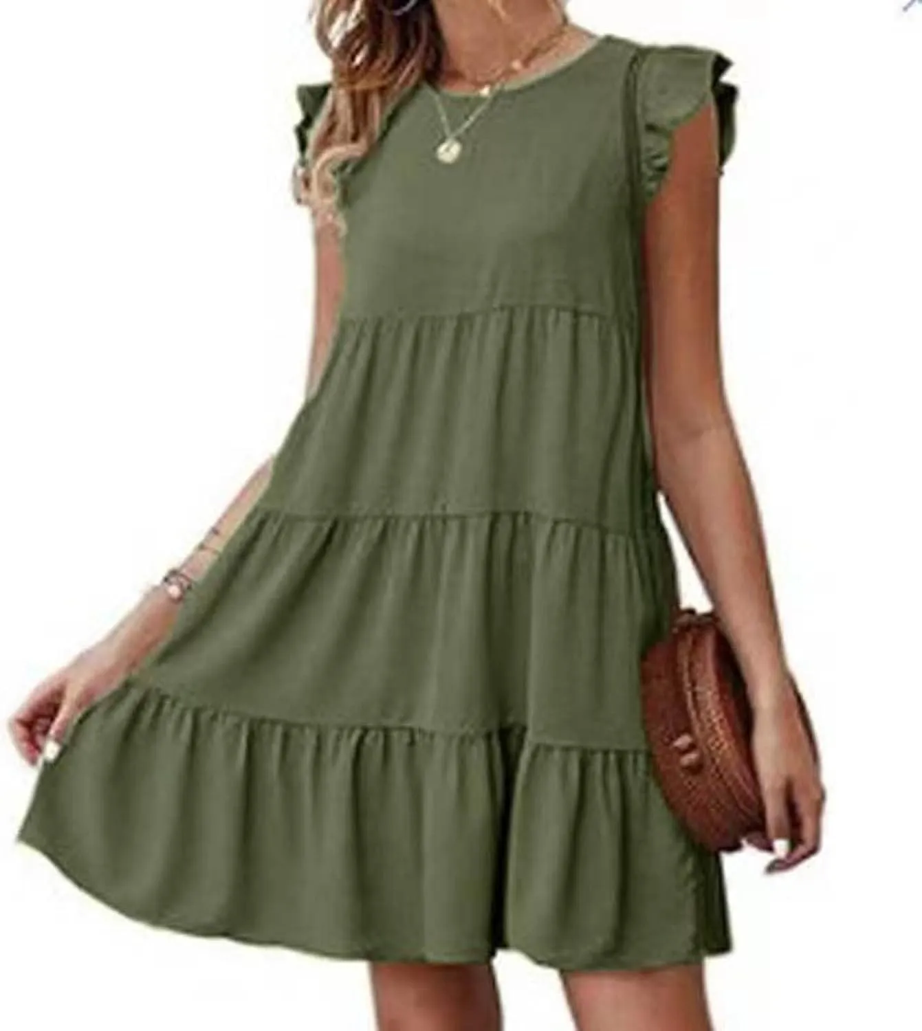 Womens Summer Ruffle Cap Sleeve T Shirt Dress Layers Crewneck Mini Dresses Casual Flowy Tiered Boho Beach Sundress