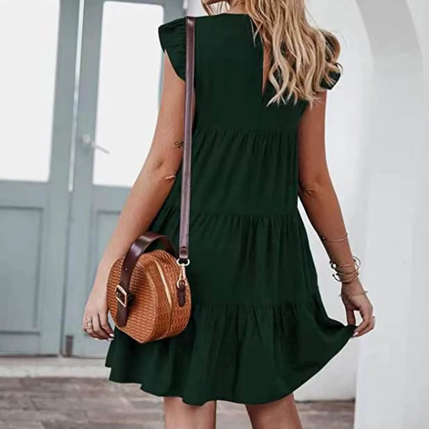 Womens Summer Ruffle Cap Sleeve T Shirt Dress Layers Crewneck Mini Dresses Casual Flowy Tiered Boho Beach Sundress