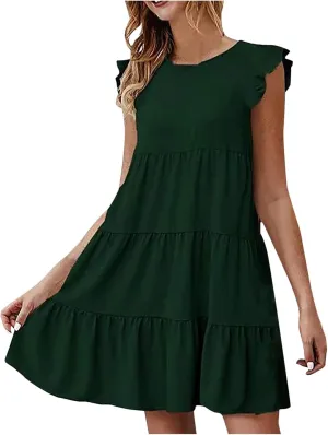 Womens Summer Ruffle Cap Sleeve T Shirt Dress Layers Crewneck Mini Dresses Casual Flowy Tiered Boho Beach Sundress