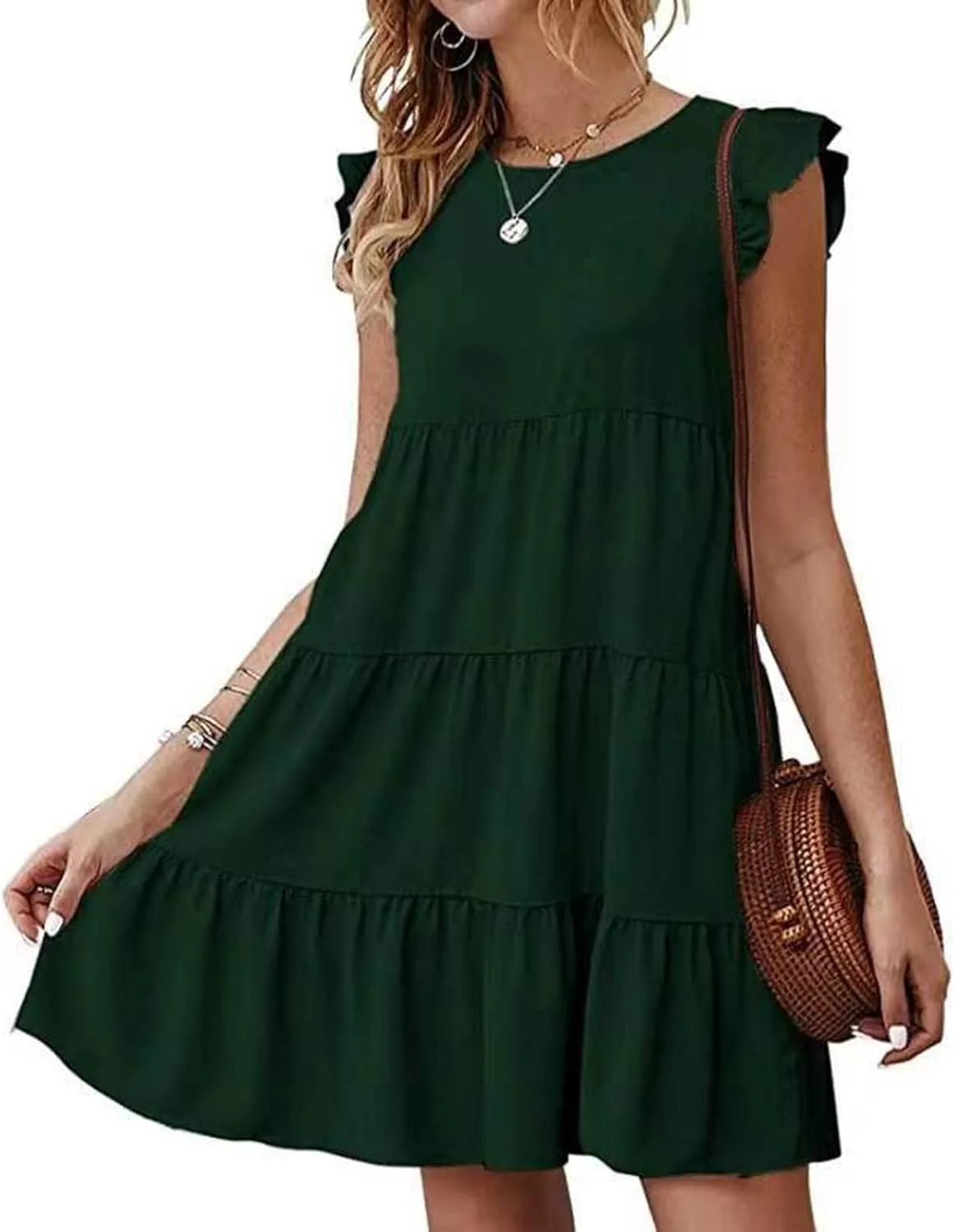 Womens Summer Ruffle Cap Sleeve T Shirt Dress Layers Crewneck Mini Dresses Casual Flowy Tiered Boho Beach Sundress
